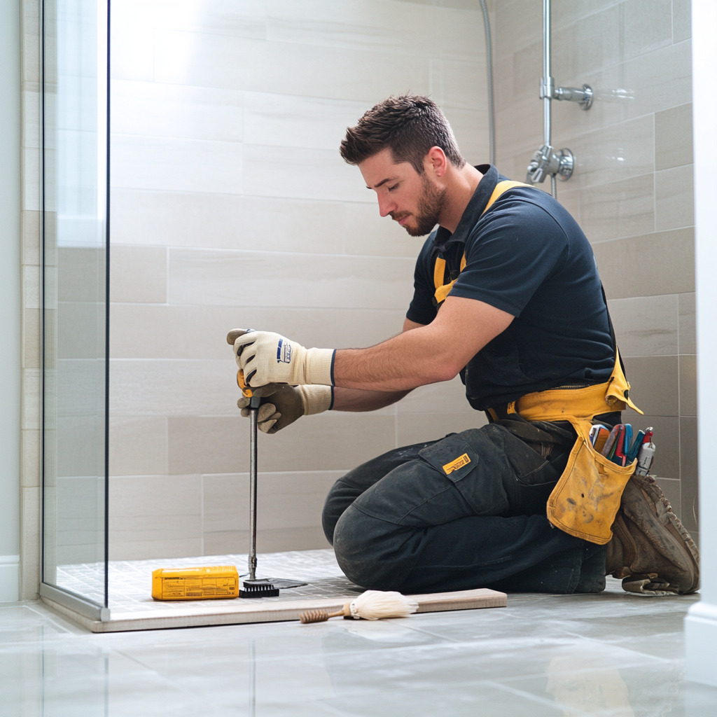 Plombier qui débouche une douche italienne