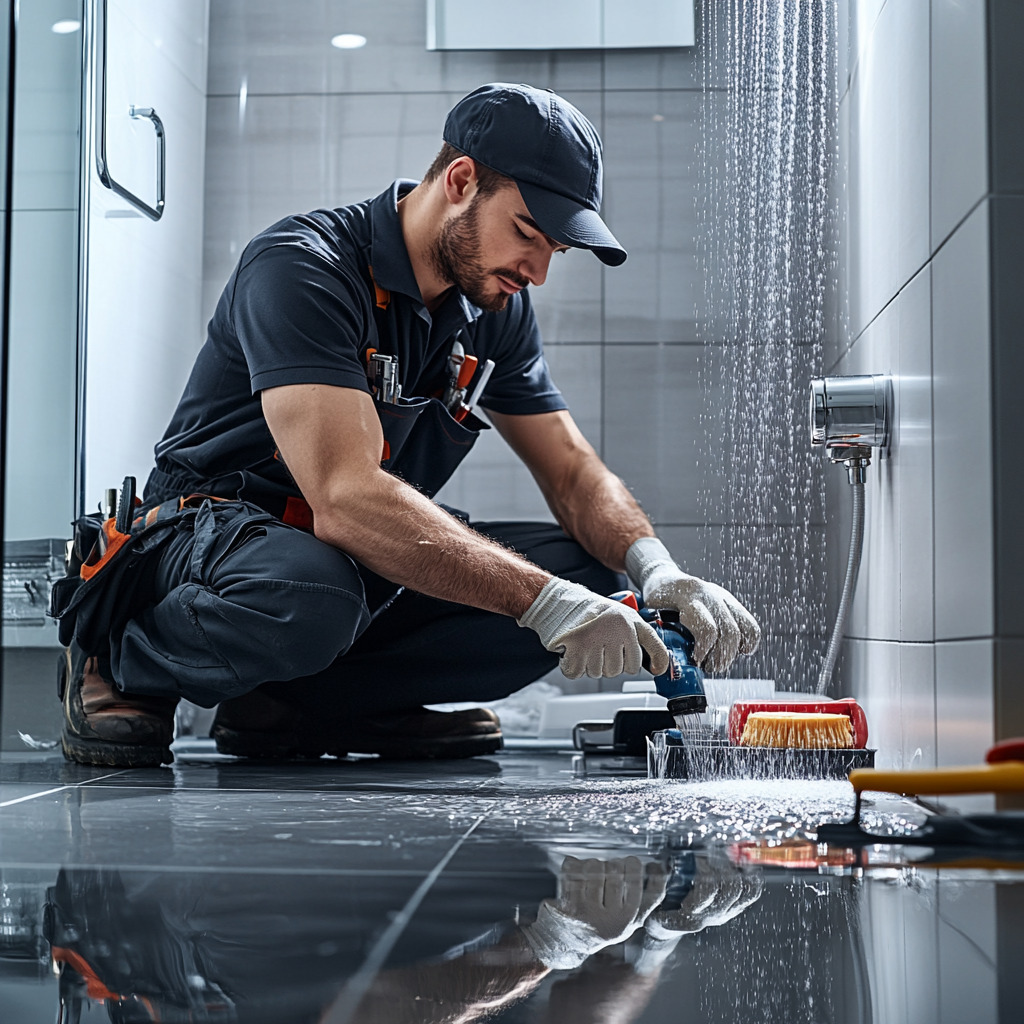 Plombier qui intervient sur une douche bouchée