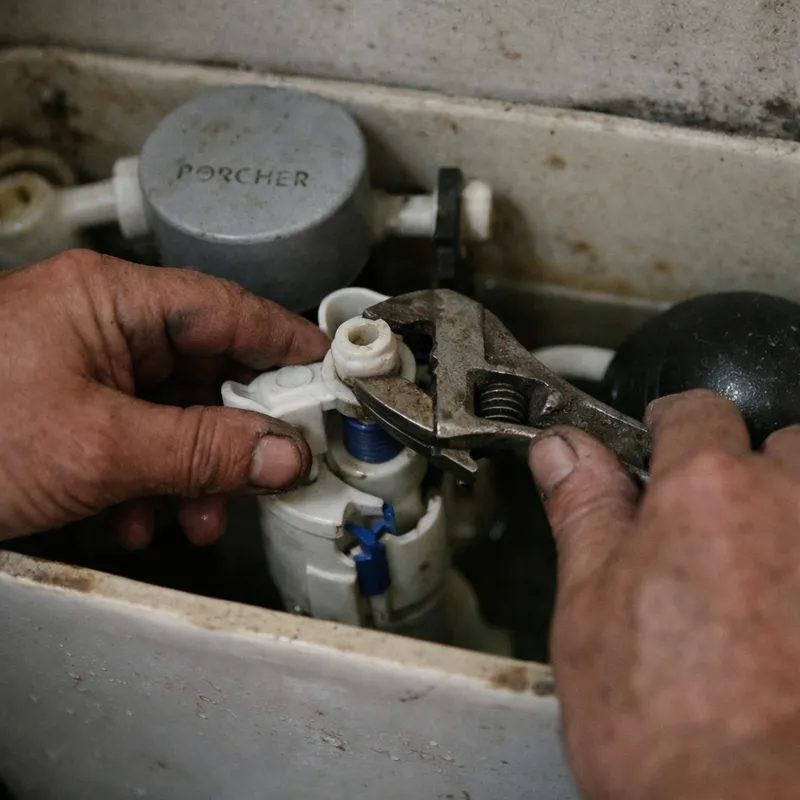 Image illustrant la réparation d'une chasse d'eau Porcher qui fuit avec des outils de plomberie