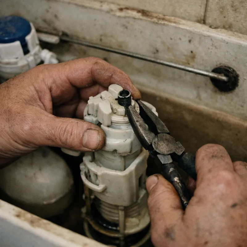 Vue détaillée d'une chasse d'eau qui coule après remplissage, illustrant la réparation