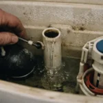 Photo réaliste d'une chasse d'eau qui fuit après remplissage dans une salle de bain moderne