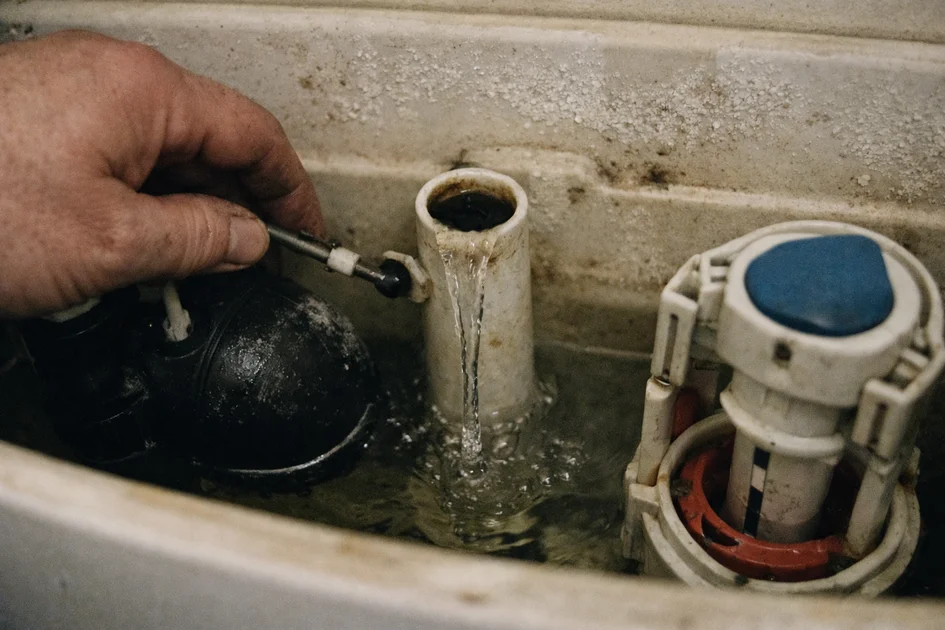 Photo réaliste d'une chasse d'eau qui fuit après remplissage dans une salle de bain moderne