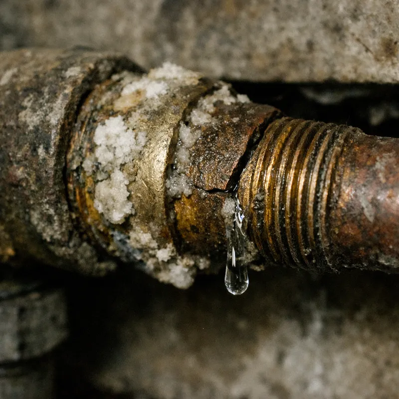 Vue rapprochée d’une fuite d'eau sur une chaudière électrique en fonctionnement