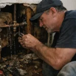 Photo réaliste d'une chaudière domestique avec une fuite visible sous le système