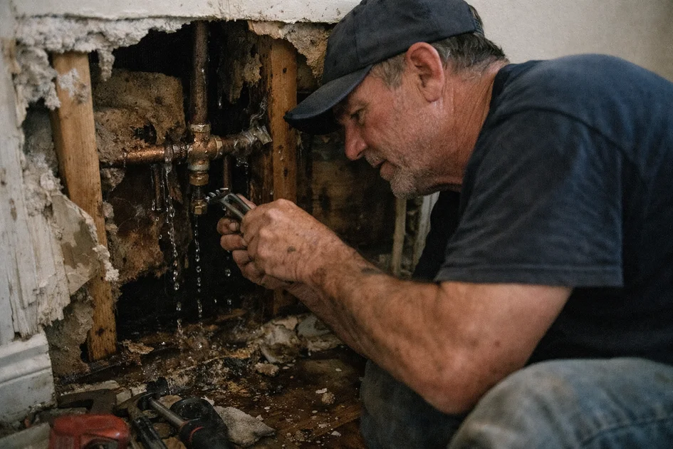 Photo réaliste d'une chaudière domestique avec une fuite visible sous le système