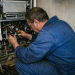 Photo réaliste d’une chaudière électrique avec une fuite visible sous l’appareil