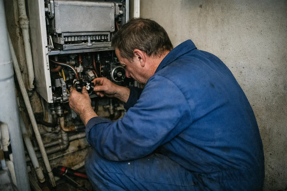 Photo réaliste d’une chaudière électrique avec une fuite visible sous l’appareil