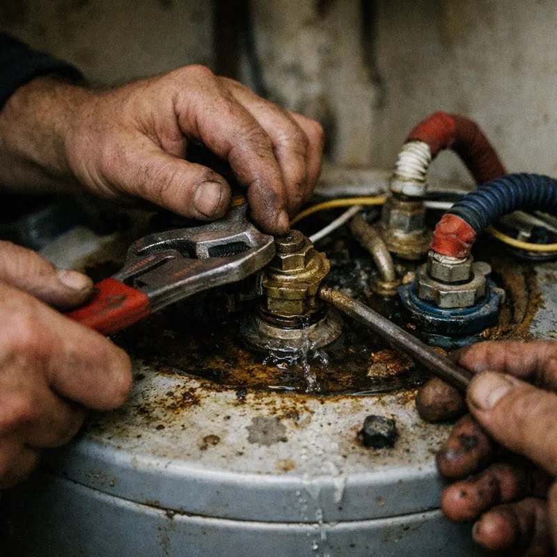Technicien inspectant le haut d'un chauffe-eau pour identifier l'origine d'une fuite d'eau.