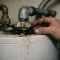 Photo réaliste d'un chauffe-eau domestique avec fuite visible par le haut, illustrant un problème de plomberie.