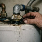 Photo réaliste d'un chauffe-eau domestique avec fuite visible par le haut, illustrant un problème de plomberie.
