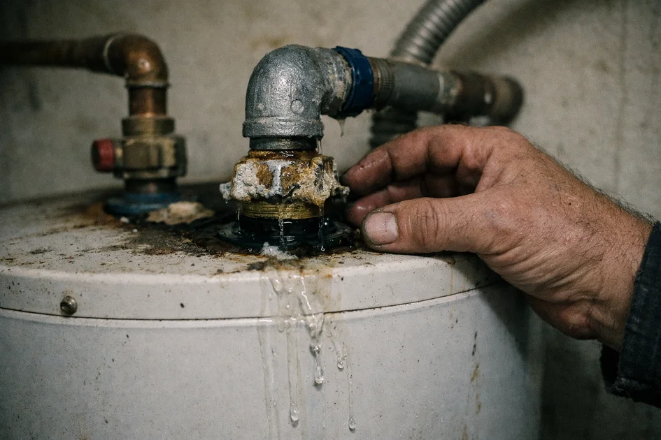 Photo réaliste d'un chauffe-eau domestique avec fuite visible par le haut, illustrant un problème de plomberie.