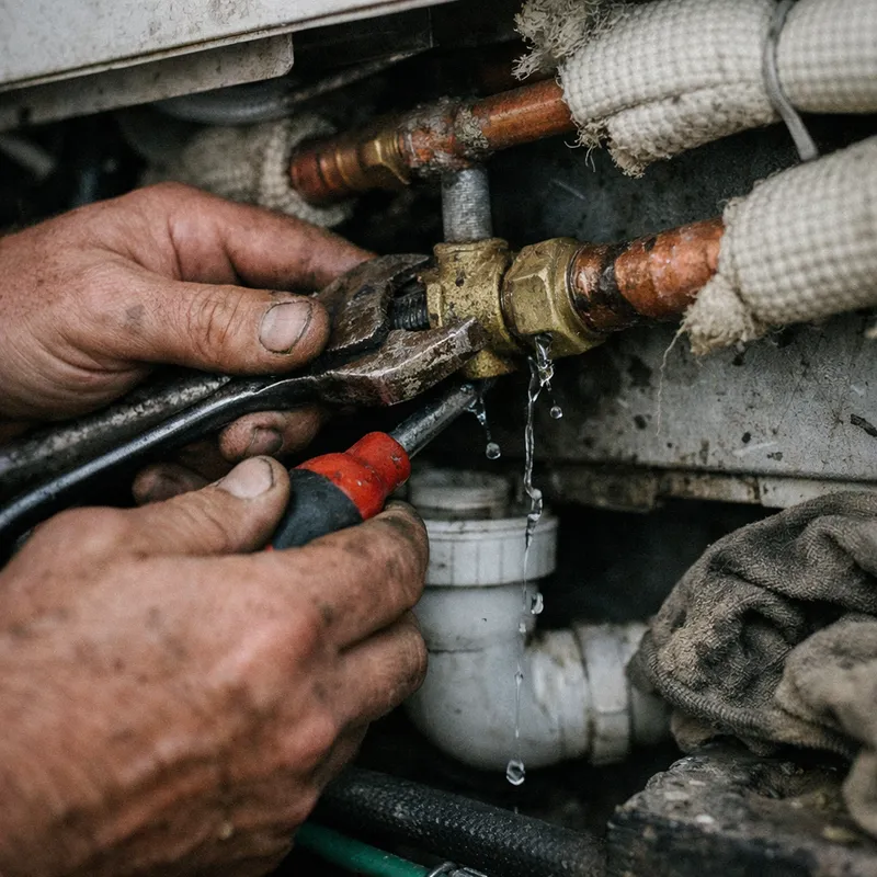 Technicien inspectant un climatiseur mural pour détecter une fuite d'eau