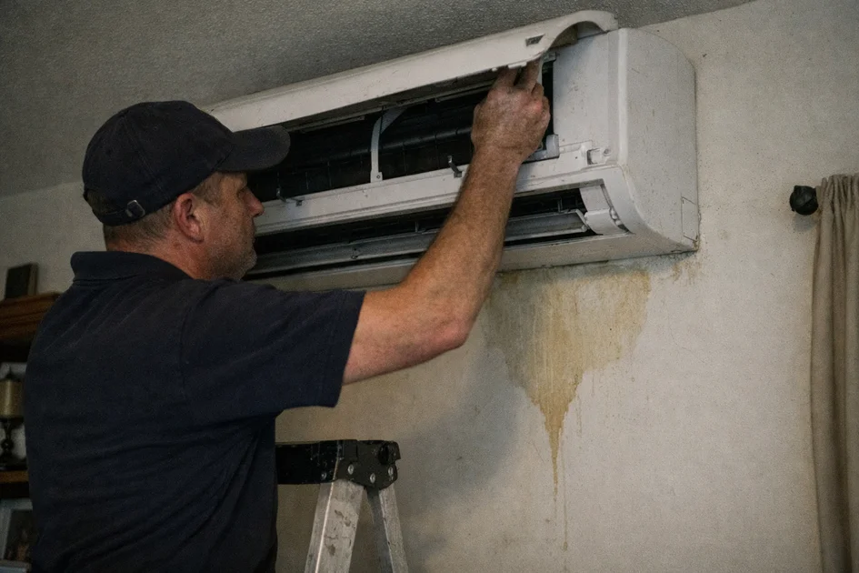 Climatiseur mural moderne avec condensation visible indiquant une fuite d'eau active