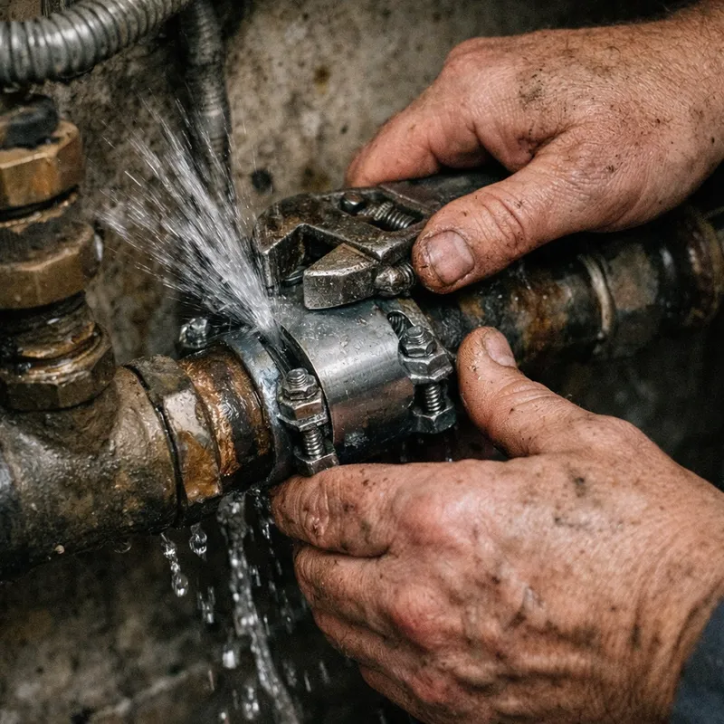 Schéma illustrant les étapes à suivre pour colmater une fuite d'eau sous pression en plomberie
