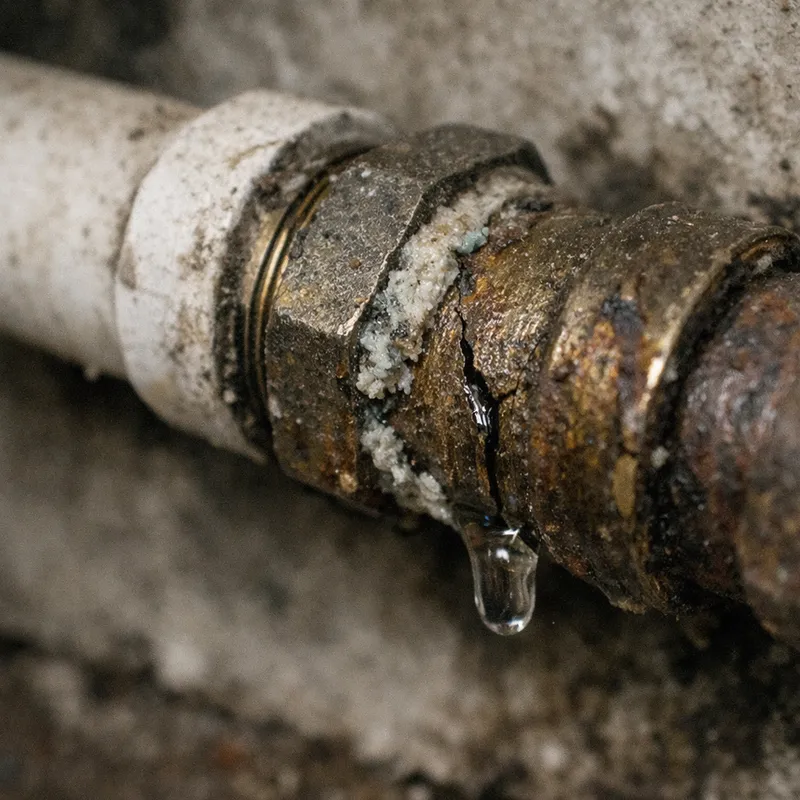 Image d'une canalisation avec différentes causes courantes de fuites d'eau sous pression mises en évidence