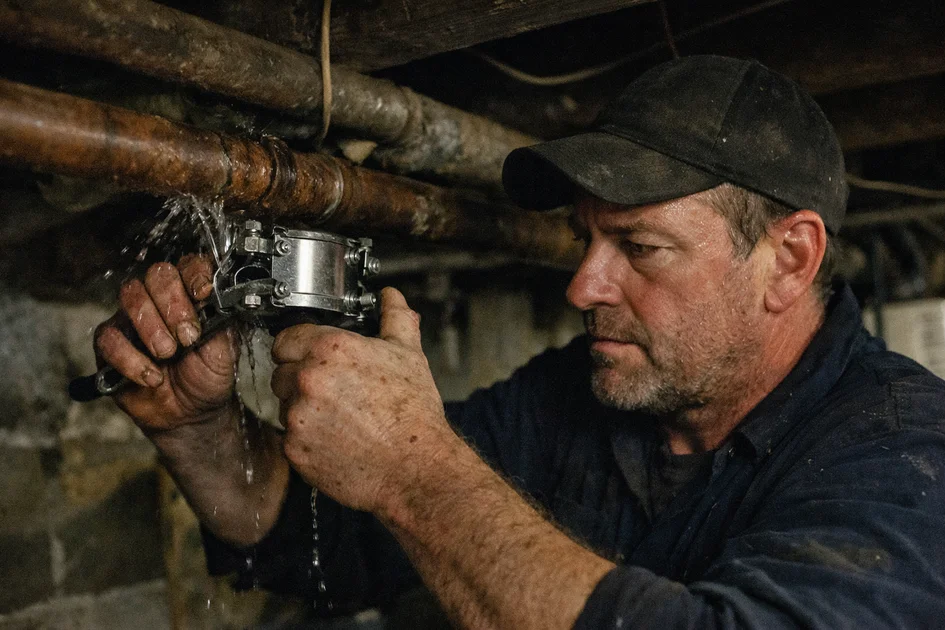 Photo réaliste montrant un plombier colmatant une fuite d'eau sous pression dans une canalisation industrielle
