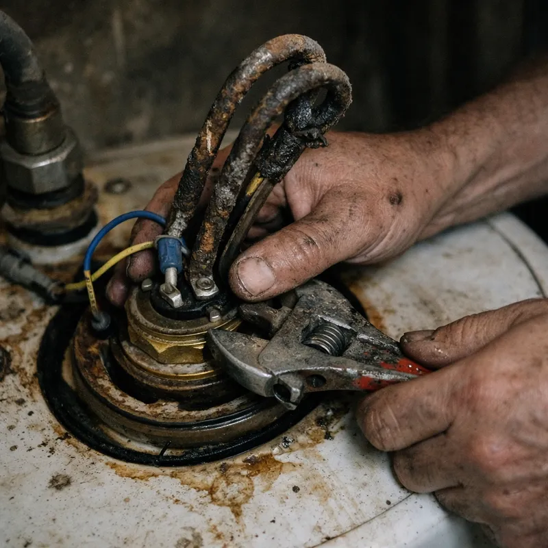 Vue rapprochée d'un professionnel inspectant un chauffe-eau électrique pour détecter une fuite