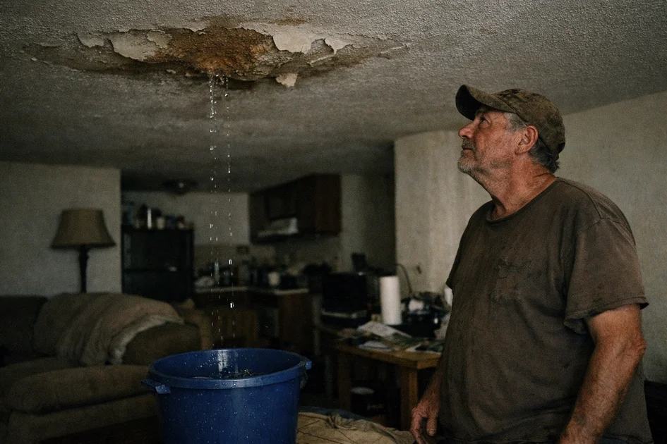 Plafond endommagé par un dégât des eaux avec taches d'humidité visibles