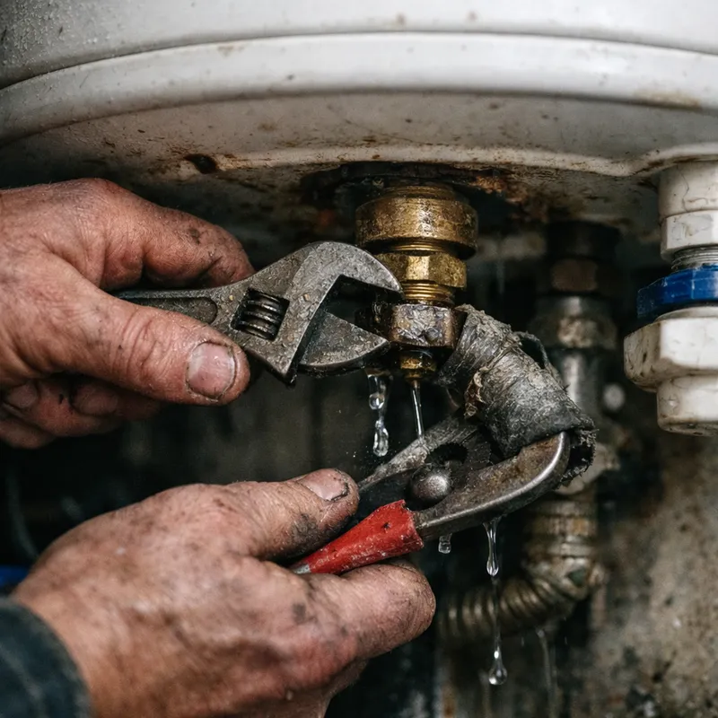 Gros plan sur un technicien inspectant une fuite sur un chauffe-eau domestique