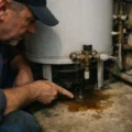 Photo réaliste d'un chauffe-eau avec une fuite d'eau visible sur le socle