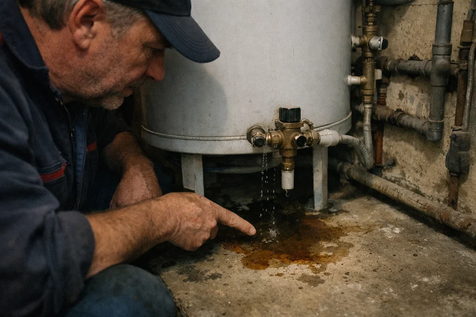 Photo réaliste d'un chauffe-eau avec une fuite d'eau visible sur le socle