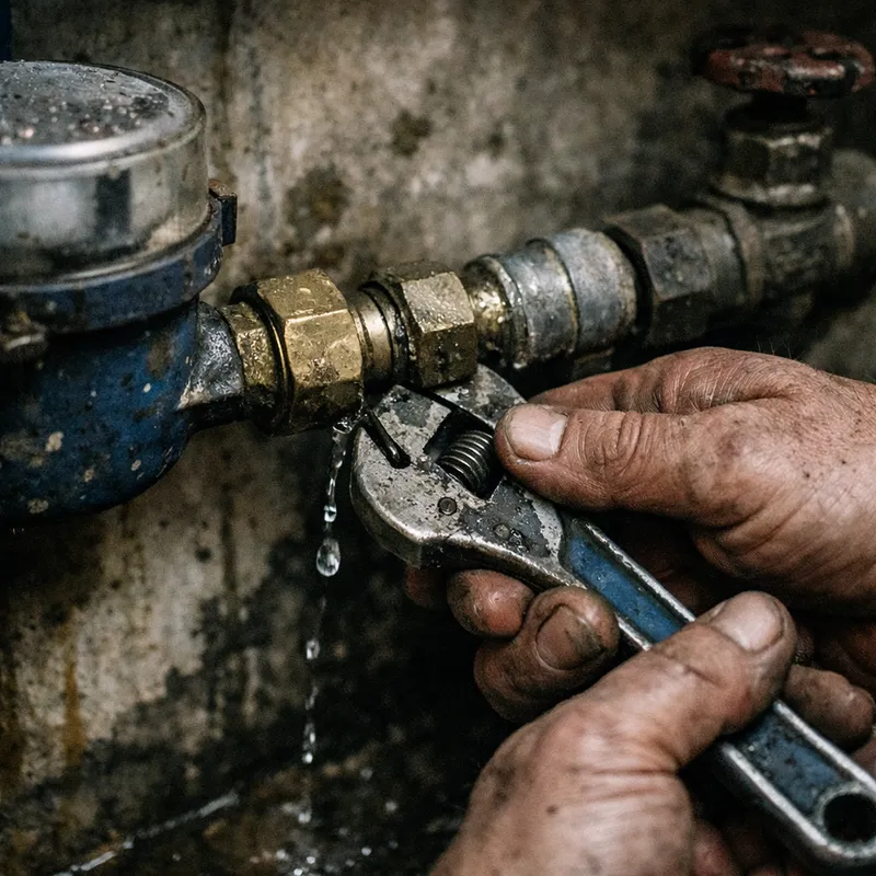 Technicien inspectant un compteur d'eau pour détecter une fuite d'eau après compteur