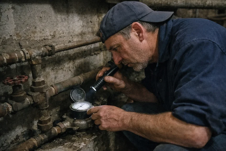 Image réaliste d'un compteur d'eau avec goutte d'eau visible, illustrant une fuite d'eau après compteur