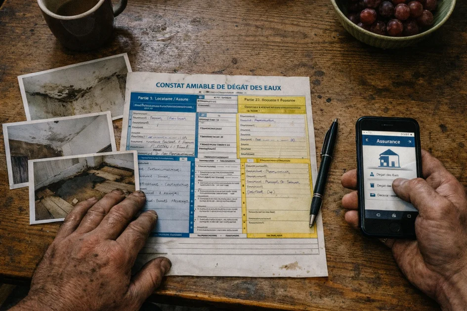 Illustration réaliste d'une fuite d'eau dans une maison, visible sous un évier avec gouttes d'eau et chaussure mouillée