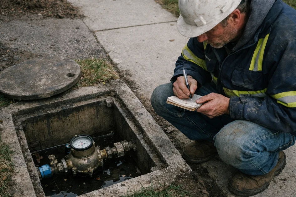 Image réaliste illustrant une fuite d'eau avant compteur dans une canalisation domestique