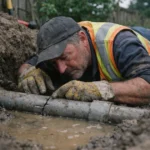 Photo réaliste montrant une équipe de réparateurs inspectant une fuite d'eau sur une canalisation enterrée dans un jardin résidentiel