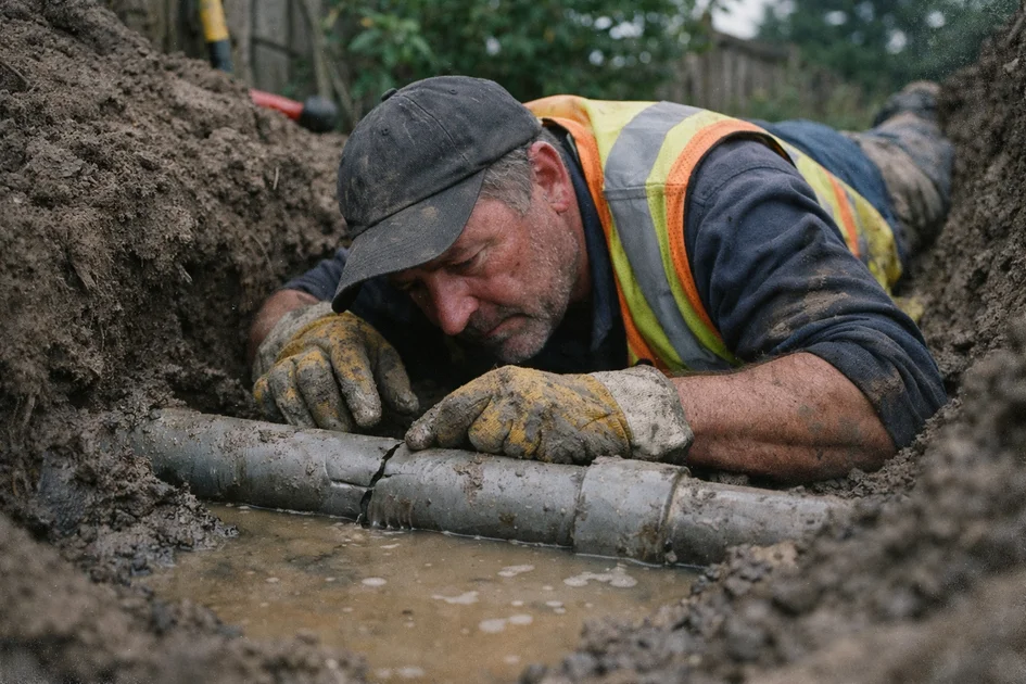 Photo réaliste montrant une équipe de réparateurs inspectant une fuite d'eau sur une canalisation enterrée dans un jardin résidentiel