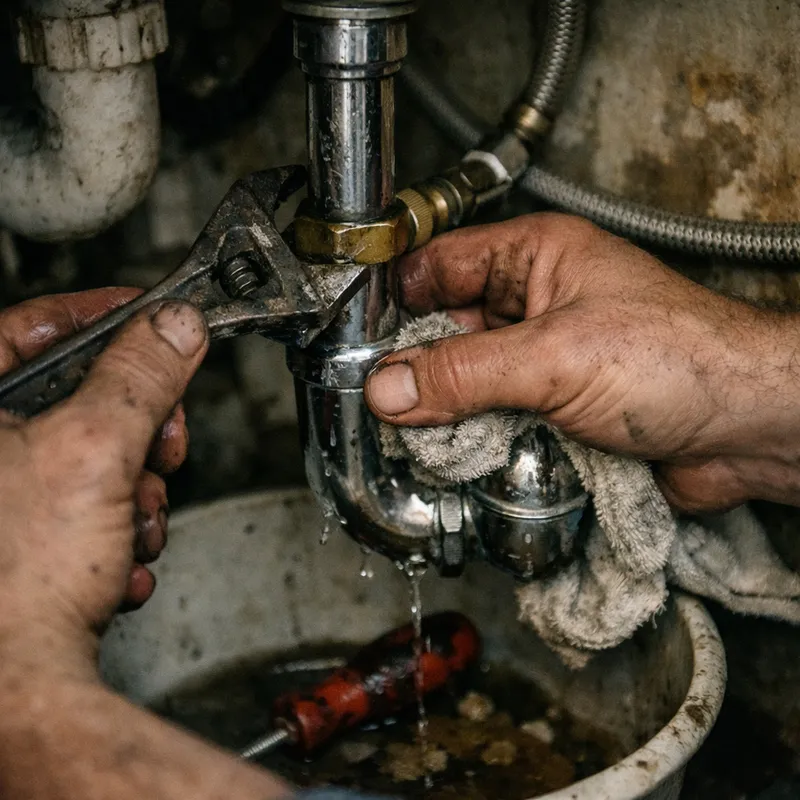 Locataire inspectant minutieusement une canalisation pour détecter une fuite d'eau