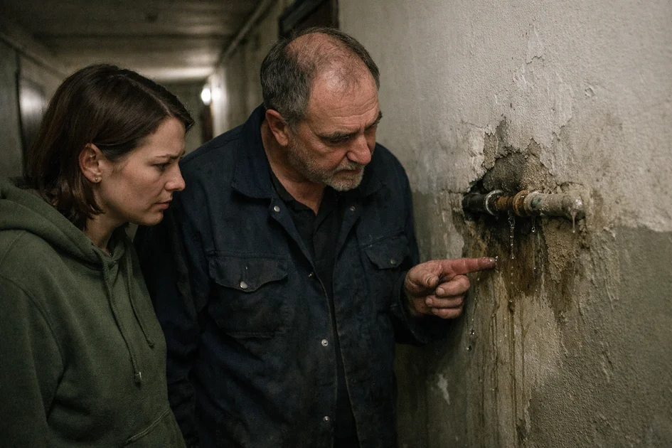 Photo réaliste d'un locataire détectant une fuite d'eau sous l'évier de cuisine