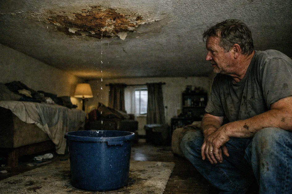 Photo réaliste d'une fuite d'eau plafond visible avec des gouttes et des taches humides