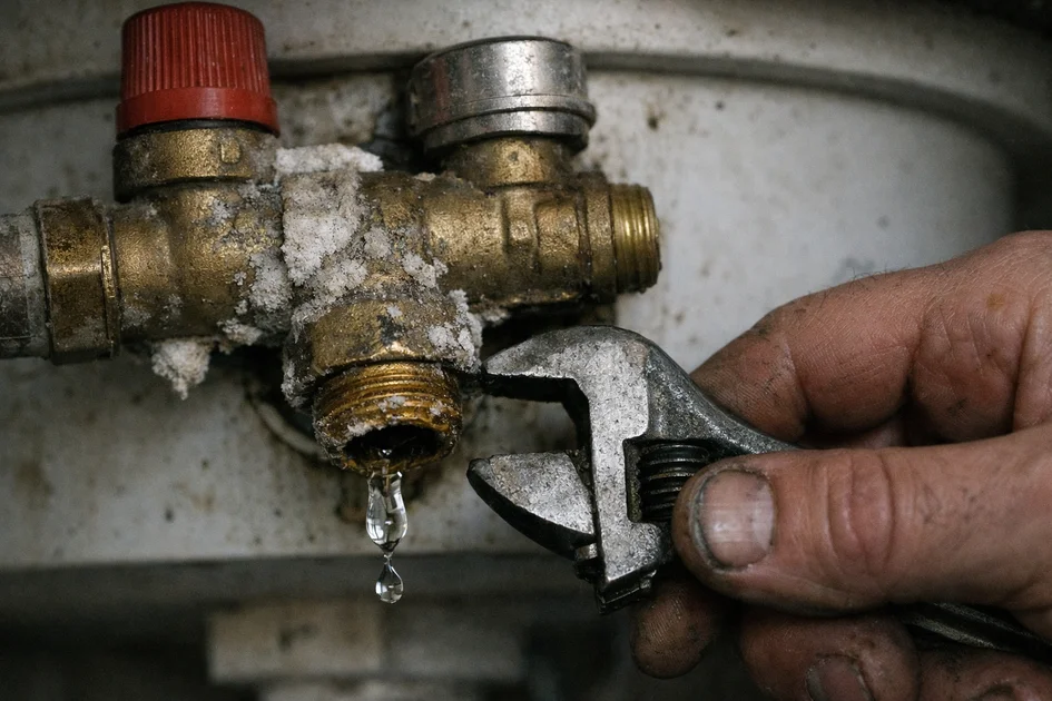 Photo réaliste d’un groupe de sécurité de chaudière avec fuite visible sous pression