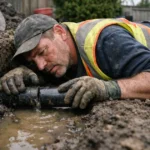Photo réaliste montrant une main réparant une fuite sur canalisation en métal dans une maison