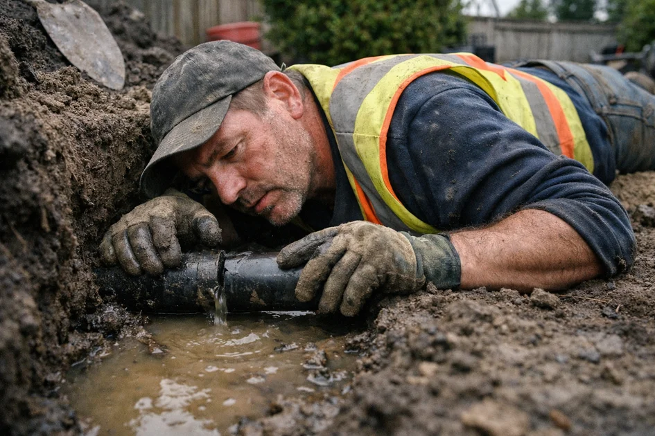 Photo réaliste montrant une main réparant une fuite sur canalisation en métal dans une maison