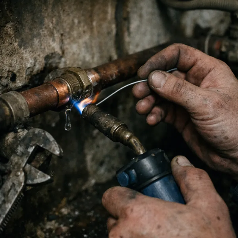 Vue rapprochée d'une fuite tuyau cuivre avec gouttes d'eau et outils de détection ouverts