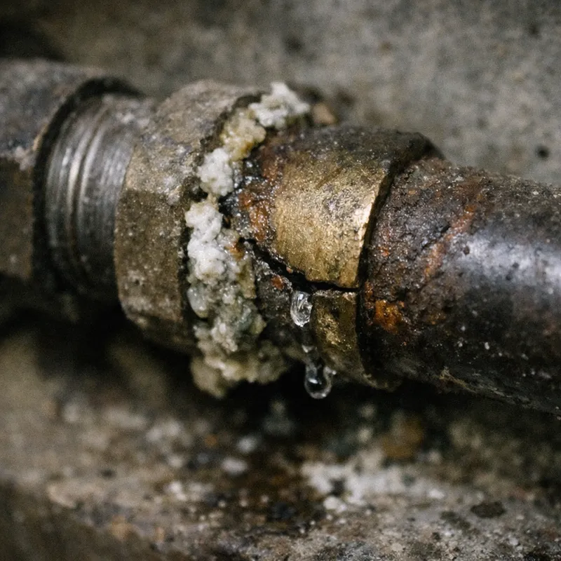 Illustration des fissures sur un tuyau en cuivre causant une fuite visible