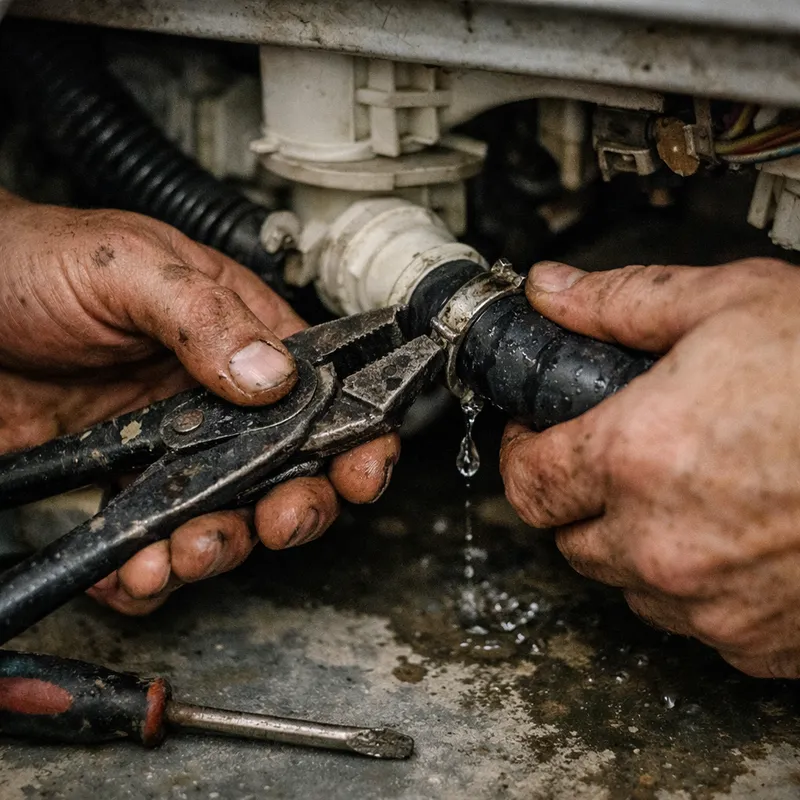 Utilisateur inspectant les joints du lave-linge pour diagnostiquer une fuite