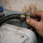Photographie réaliste d'un lave-linge avec une fuite d'eau visible au sol
