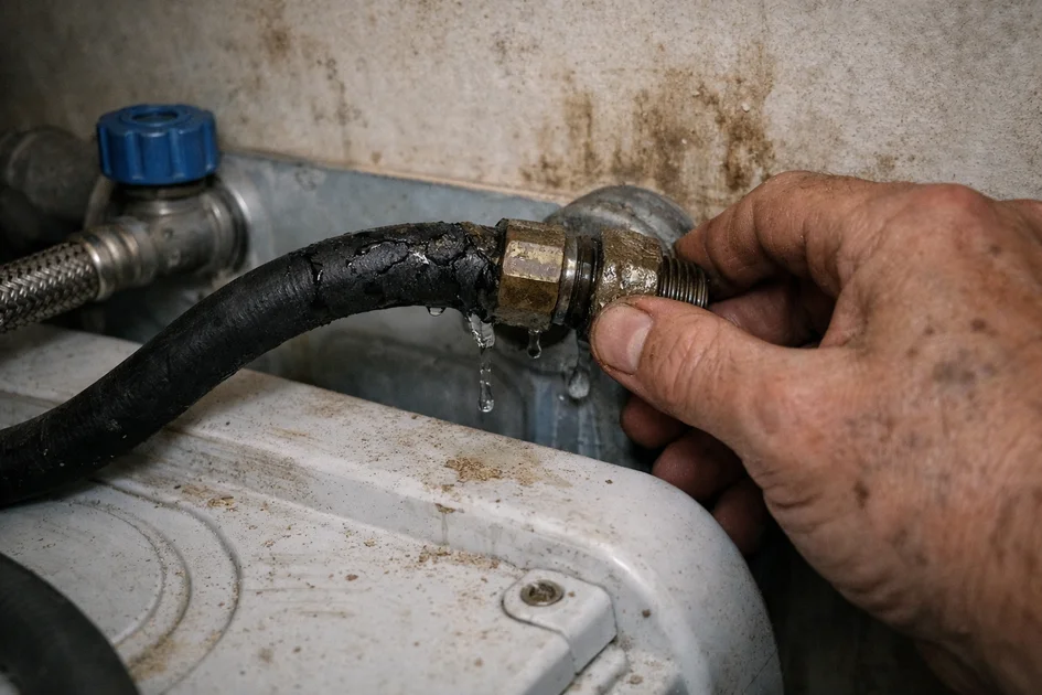 Photographie réaliste d'un lave-linge avec une fuite d'eau visible au sol