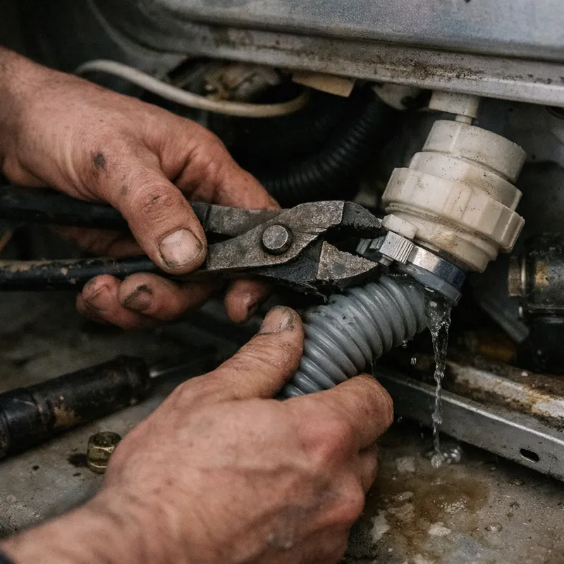 Technicien inspectant une machine à laver pour identifier la source de la fuite