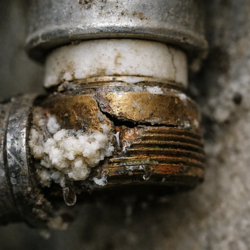 Vue rapprochée d'un tuyau d'arrivée d'eau fissuré sur une machine à laver