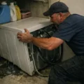 Machine à laver moderne avec fuite d'eau détectée sous la cuve