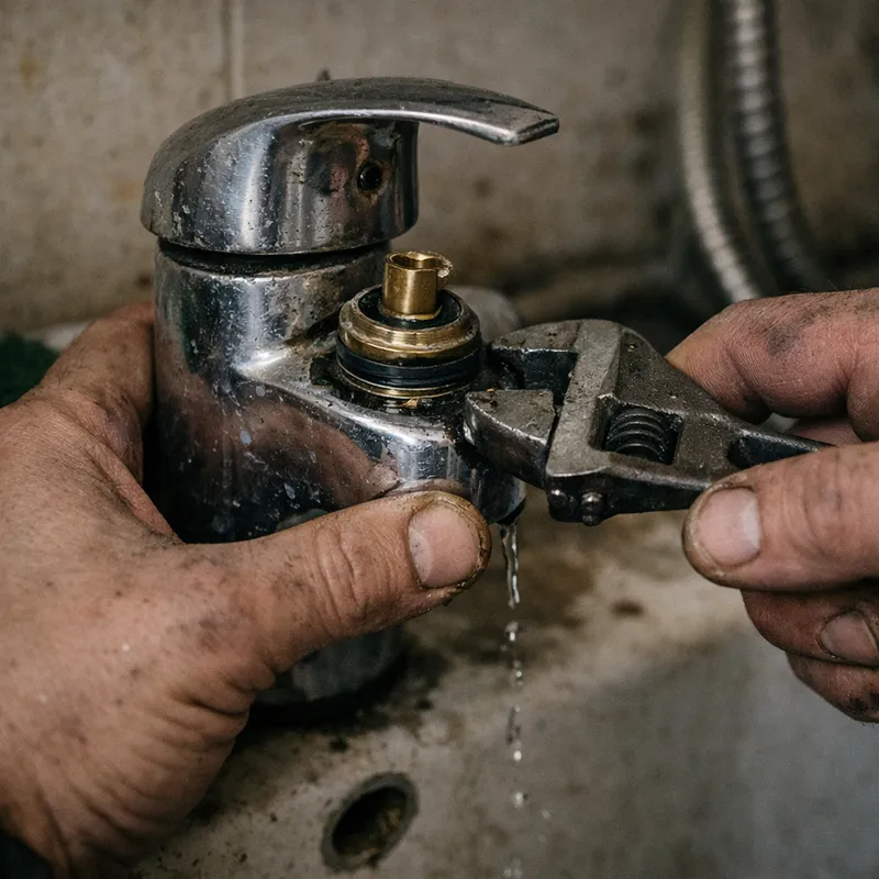 Un bricoleur inspecte un mitigeur qui fuit sans démontage, outil en main, réparation rapide à domicile