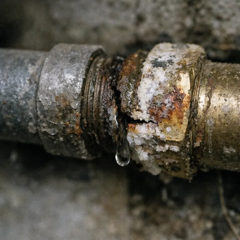 Illustration des causes courantes d’un mitigeur qui fuit, rouille et joints usés visibles sur le robinet