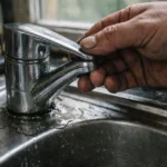 Vue rapprochée d'un mitigeur qui fuit avec gouttes d'eau visibles, contexte plomberie domestique