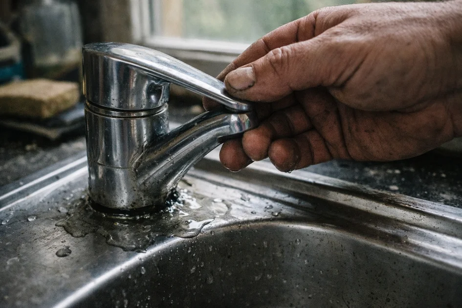 Vue rapprochée d'un mitigeur qui fuit avec gouttes d'eau visibles, contexte plomberie domestique
