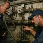 photo réaliste d'un syndic inspectant une fuite d'eau dans un immeuble résidentiel